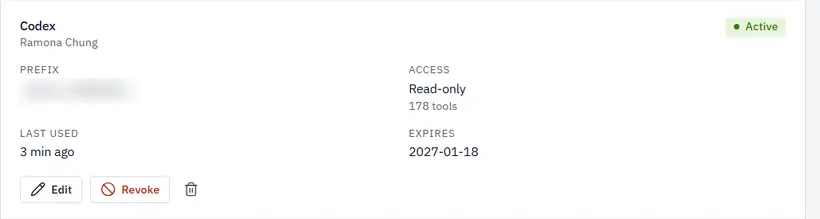 Easy MCP AI API tokens screen showing a token named Codex with Read-only access and Active status. The token prefix is blurred.